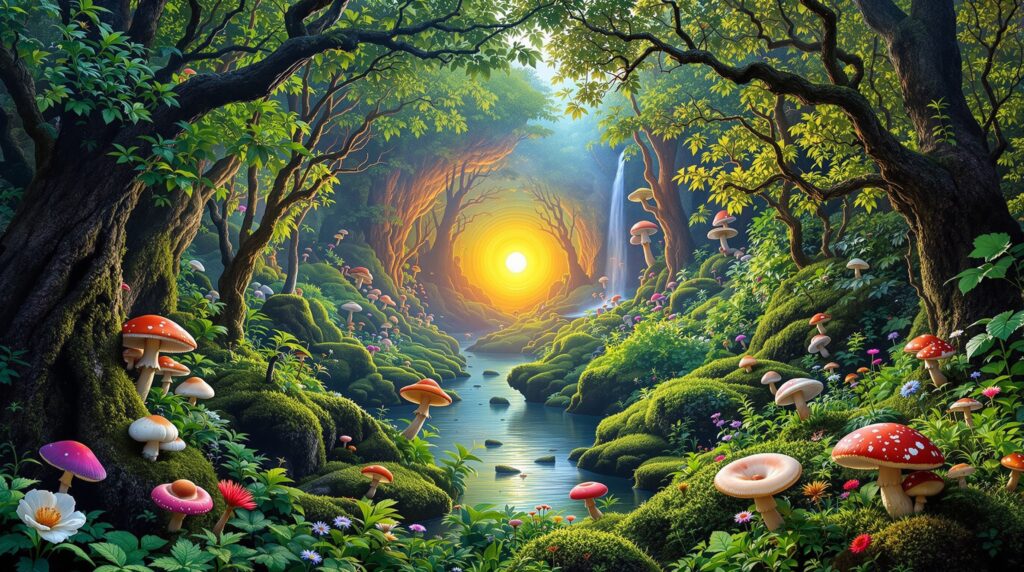 Psilocyin assisted vision of a forest stream with the sun shining through illuminating this magical world